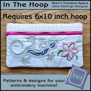 ITH Gecko Zipper Bag, In The Hoop Zipper Bag, Garden Zipper Bag, Gecko Embroidery, Garden Embroidery 6x10 Hoop DIGITAL FILE