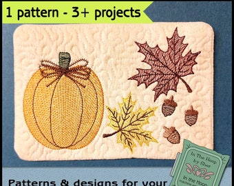 ITH Fall Harvest Mug Rug, Autumn Embroidery, In The Hoop Fall Mug Rug, Fall Harvest Doorknob Hanger, Fall Embroidery DIGITAL FILE
