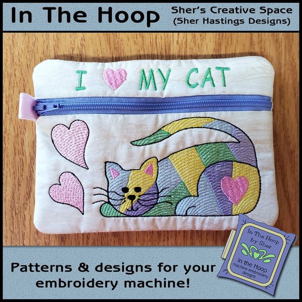 ITH Quilted Cat Zipper Bag - Geometric Cat - In The Hoop Zipper Bag - Cat Zipper Bag - Cat Embroidery Design - 5 x 7 Hoop - DIGITAL FILE