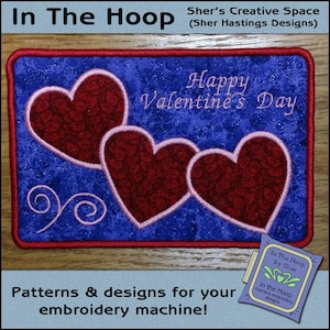 ITH Valentine Hearts Postcard, Valentine Postcard, In The Hoop Post Card, Valentine's Day Embroidery Design, Valentines Mug Rug FICHIER NUMÉRIQUE
