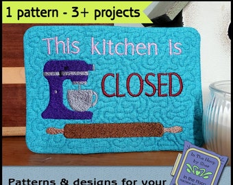 ITH Kitchen Closed Baking Mug Rug - Kitchen Closed Embroidery - In The Hoop Dog Mug Rug - Kitchen Doorknob Hanger - DIGITAL FILE