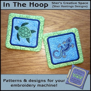 ITH Wildlife Coasters, In The Hoop Coasters, Gecko Coasters, Turtle Coasters, Wildlife Embroidery 5 x 7 and 4 x 4 Hoops - DIGITAL FILE