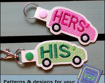 ITH His & Hers Car Key Fob - Car Bag Tag - Vinyl Key Fob - Snap Tab - Machine Embroidery Design - DIGITAL FILE