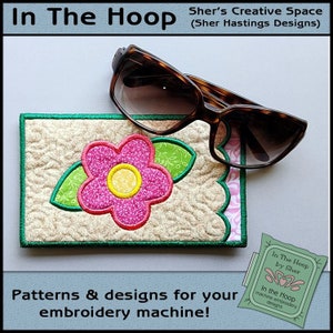 ITH シンプルフラワー眼鏡ホルダー、フラワー眼鏡ケース、ガーデン眼鏡ケース、フラワー刺繍、フラワーケース、5X7 フープ、デジタルファイル