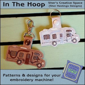 May include: Two embroidered RV keychain designs, one brown and one white, with the text "In The Hoop by Sher" and "In the Hoop machine embroidery designs".