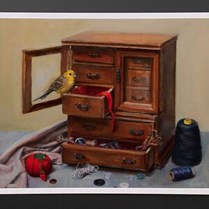 The Tailor Bird - 8 x 10 oil painting art print - bird with sewing cabinet, needles and thread