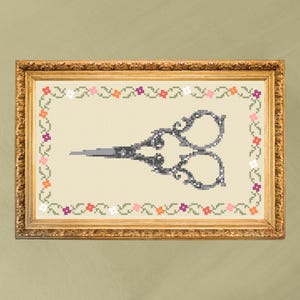 Patrón de punto de cruz con tijeras vintage florales (descarga en PDF) / Apto para principiantes, bordado, costura, LGBT+, lesbiana, naturaleza, cottagecore