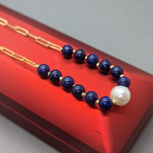 Natural Pearl & Lapiz Lazuli Necklace - 14K Gold Plated Paper Clip Necklace