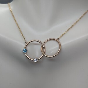 Custom 14K Yellow Gold Double Rings Necklace With Diamond & Blue Topaz, Or Birthstones