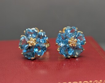 Unique 9.5ct Heart Cut Blue Topaz Halo & Diamond Earrings - 14K Yellow Gold