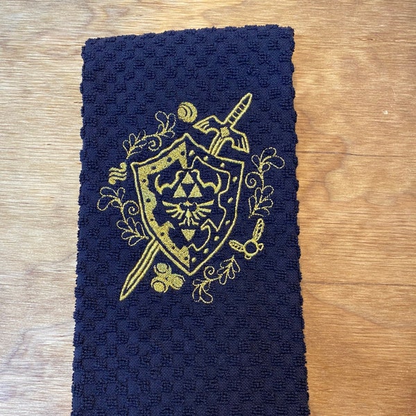 Legend of Zelda Hylian Shield With Master Sword, ALL Gold Metallic  Embroidered Dish/Hand Towel