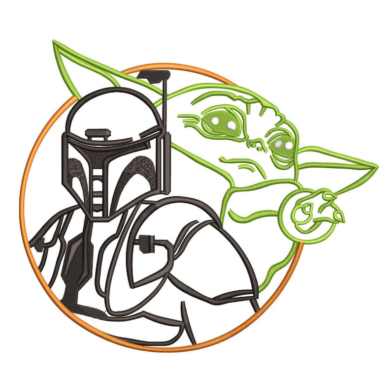 May include: Embroidered design featuring the Mandalorian and Grogu from Star Wars. The Mandalorian is depicted in black and gray, while Grogu is outlined in green. The design is set within an orange circle.