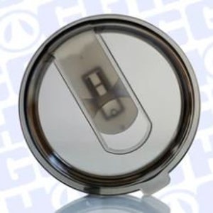 May include: A circular, stainless steel tumbler lid with a clear, sliding closure. The lid features a dark grey, translucent plastic slider and a small white tab. Designed to fit a tumbler and keep drinks secure.