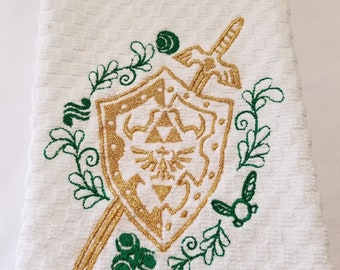 Legend of Zelda Hylian Shield With Master Sword, Gold Metallic with Green Vines Embroidered Dish/Hand Towel