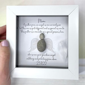 Memorial Personalised Guardian Angel Pebble Picture - Guardian Angel Wings - Mum Memorial Gift - Mum Dad Bereavement Keepsake Gifts -