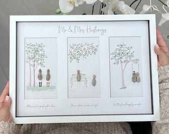 Quadro personalizado de arte com pedras para casamento – Presente emoldurado para a história de amor do Sr. e da Sra.