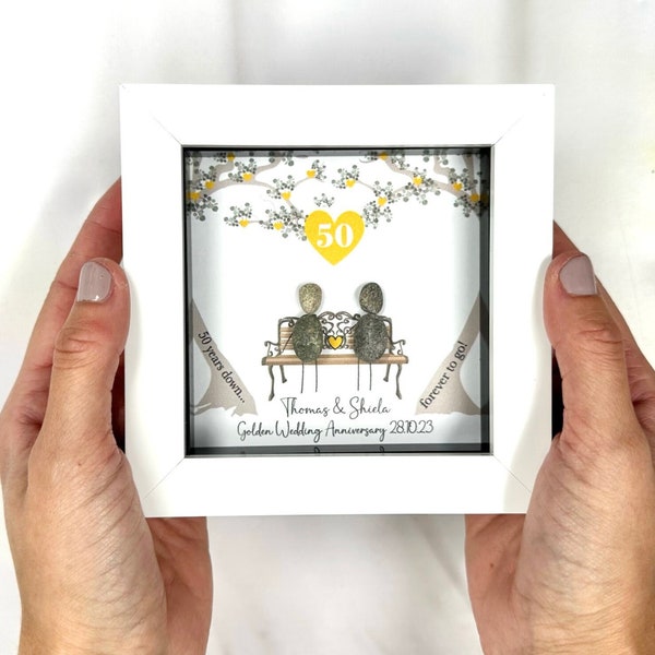 Personalised Golden Wedding Anniversary Pebble Picture - Framed Anniversary Pebble Art Gift - 50th Wedding Anniversary - Anniversary Gifts
