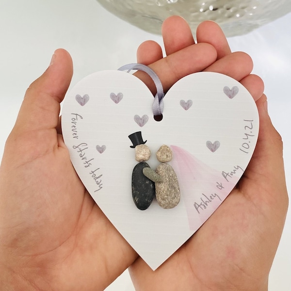 Personalised Wedding Hanging Heart Pebble Decoration - Gift Ornament - Wedding Gift Keepsake - Wedding Gifts For Couple - Wedding Gifts UK