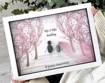 Personalised Wedding Pebble Art Picture – Mr and Mrs Gift - Wedding Keepsake - Framed Picture - Bride & Groom, Bride and Bride, Grooms