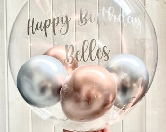 Personalised Birthday Bubble Balloon - Big Helium Gumball Balloon Filled With Chrome Balloons & Feathers - Delivered Direct To Loved One