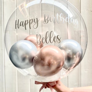 Personalised Birthday Bubble Balloon - Big Helium Gumball Balloon Filled With Chrome Balloons & Feathers - Delivered Direct To Loved One