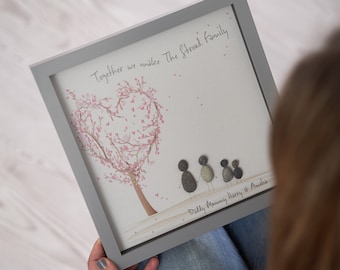 Quadro personalizzato con sassi per la famiglia - Quadro con sassi per la famiglia incorniciato - Quadro con albero in fiore - Regalo per la festa della mamma, Natale - Regalo di compleanno per la mamma