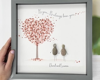 Personalised Blossom Love Tree Pebble Picture - Couple Pebble Art - Valentines Gift Anniversary Birthday Gift - Husband Wife Christmas Gift