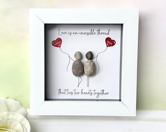 Personalised Love Couple Pebble Picture - Valentines Pebble Picture - Two Hearts Framed Pebble Picture - Valentines Gift For Wife Husband