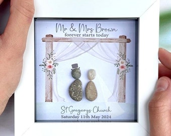 Quadro personalizado de arte com pedras para casamento – Arte com pedras emoldurada "Sr. e Sra." – No seu dia de casamento – O dia em que nos casamos – Presente de casamento