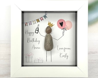 Personalised Birthday Pebble Art – Friend Birthday Pebble Picture - Framed Friend Gift - Gift For Friends