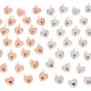 May include: Assortment of gold and silver heart-shaped charms with letters of the alphabet, numbers, and symbols.