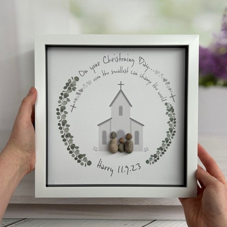 Personalised Christening Pebble Picture Baptism Pebble Art Framed