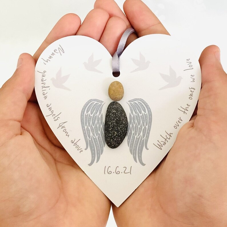 Personalised In Loving Memory Remembrance Hanging Heart Pebble Decoration Sympathy Gift Guardian Angel Keepsake Christmas In Heaven image 1