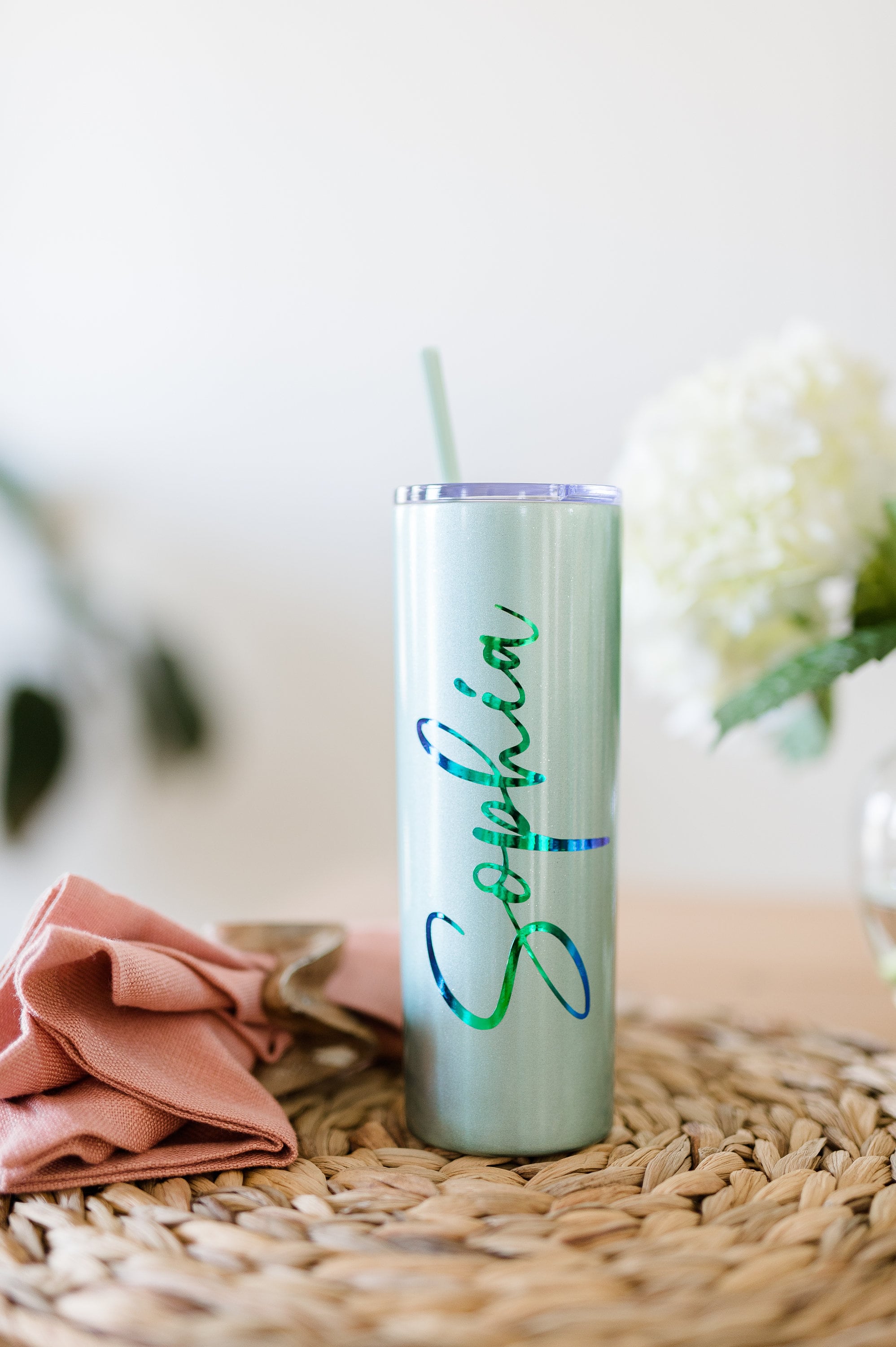 Marble Stainless Steel Personalized Skinny Tumbler 20 oz With Straw