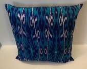 Set of 2 blue down filled Ikat silk pillows from Uzbekistan