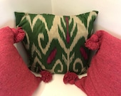 Set of 2 green down filled Ikat silk pillows from Uzbekistan