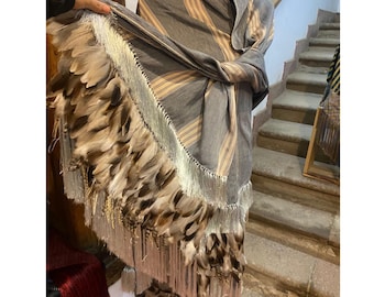 Beige tonal stripe Purepecha rebozo with fringe and feathers