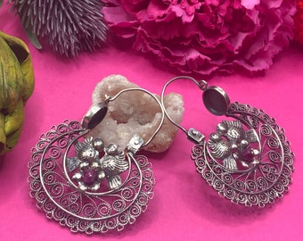 Vintage Oaxacan arracada filigree earrings with flowers and doves, garnet