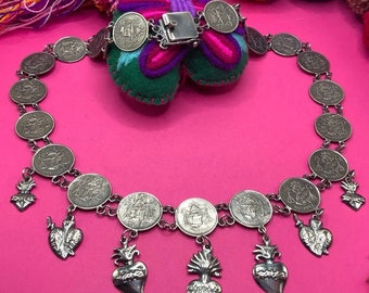 Collar de monedas de plata vintage oaxaqueño, alrededor de 1950