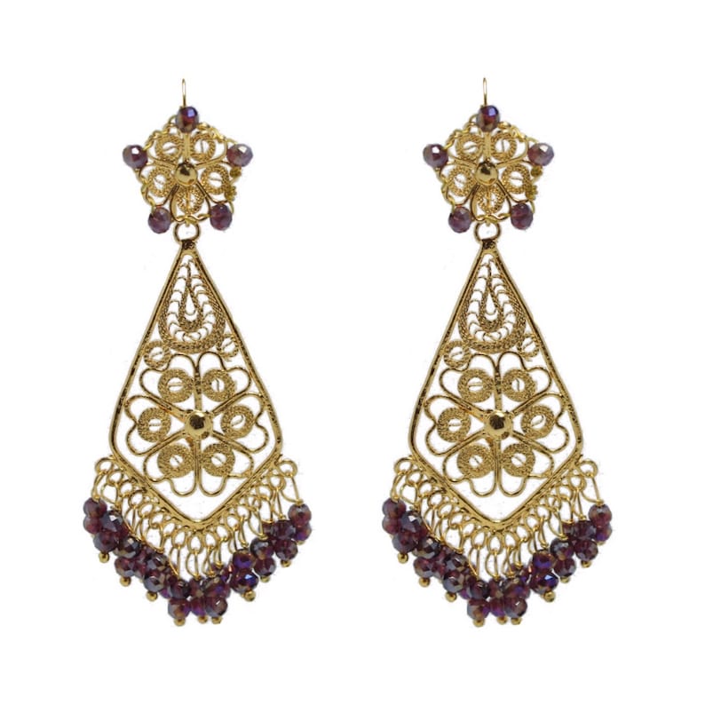 frida Khalo style Gold vermeil filigree Mexican triangle drop Purple stone earrings from Oaxaca Mexico special occasion bohemian