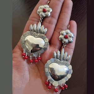 Mexican Mazahua silver heart earrings, handmade Mexican silver earrings with coral