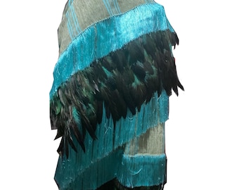 Green-taupe tonal stripe Purepecha rebozo with fringe and feathers