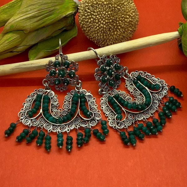 Mexican Oaxacan handmade silver filigree earrings with green agate -Federico Jimez,Frida Kahlo/ Oaxaca/Tellez