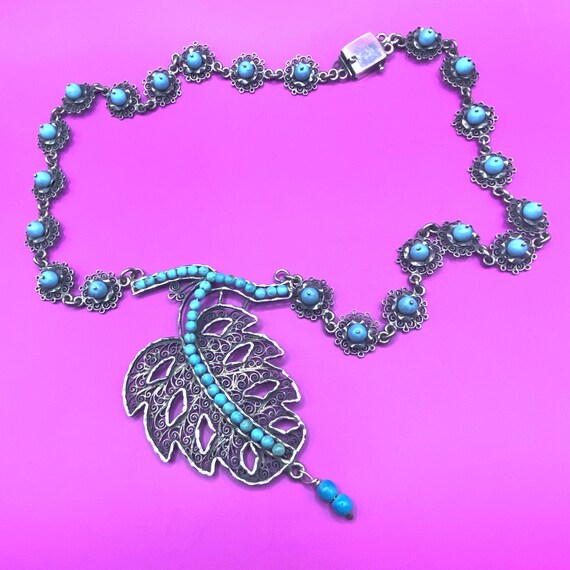 Oaxacan Vintage Silver Filigree Necklace With Turquoise Circa 1960