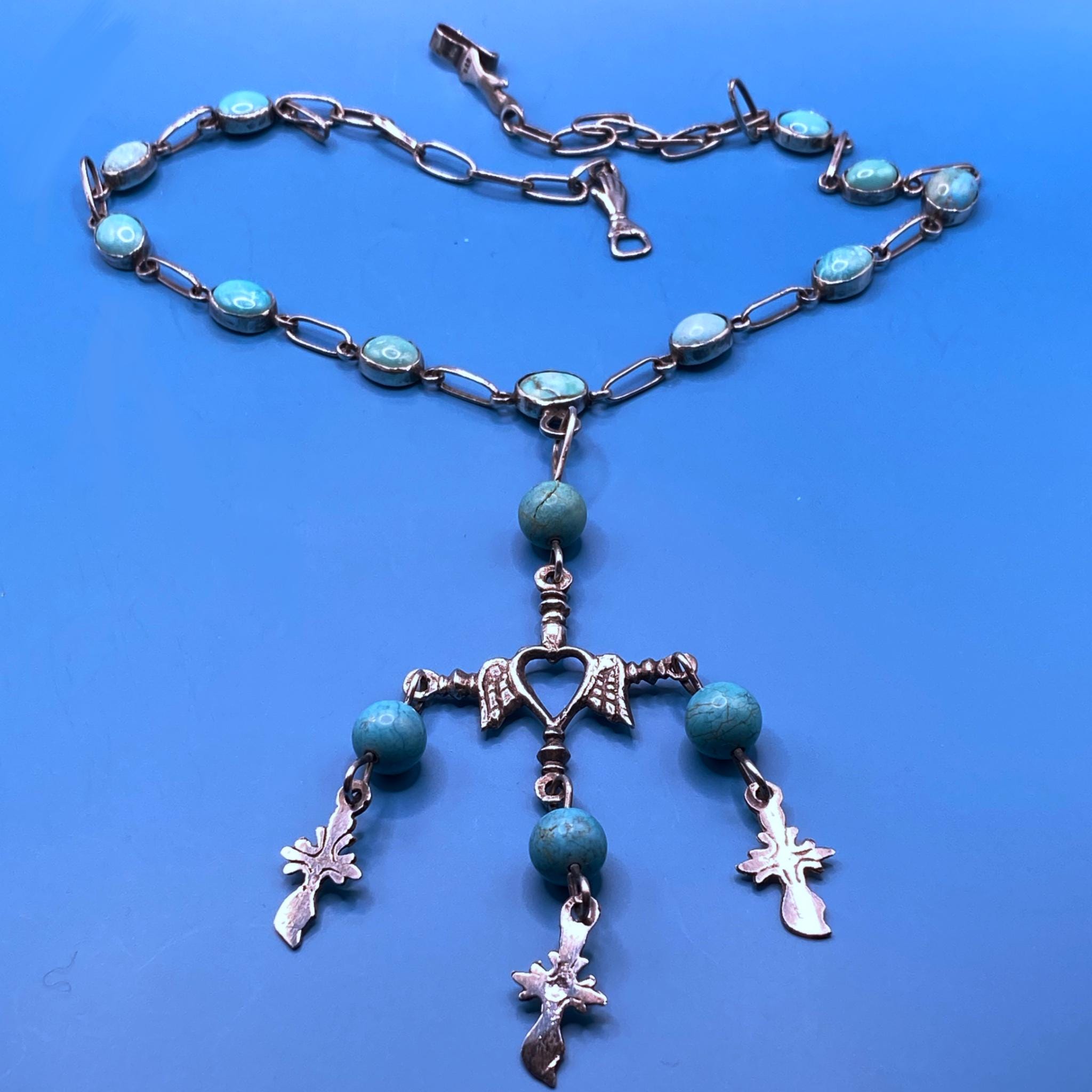 Oaxacan vintage Silver Yalalag necklace with turquoise circa 1960, vintage Mexican  Jewelry, traditional  Mexican jewelry