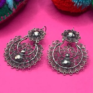 Traditional Mexican Oaxacan silver filigree earrings with ball design