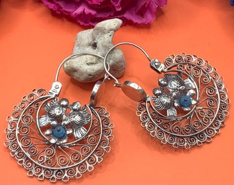 Vintage Oaxacan arracada filigree earrings with flowers and doves, lapis lazuli