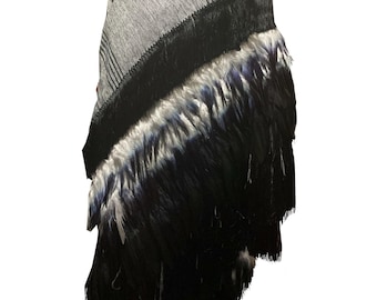 Gray Purepecha rebozo with fringe and feathers