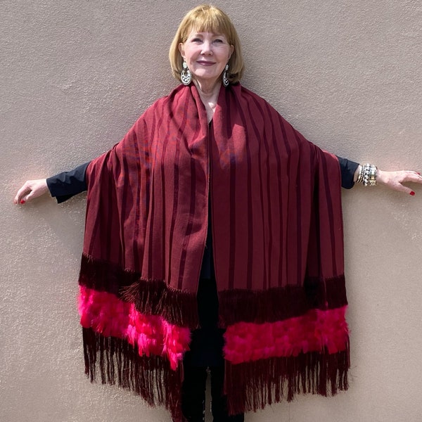 Purepecha silk fringe rebozo from Michoacán with feathers