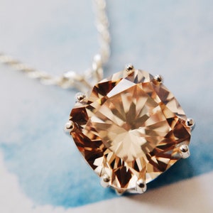 9 1/2 Carat (12 millimeter) Brilliant Pillow Cushion Cut Light Champagne Diamond Simulant Sterling Silver Necklace - 8-Prong Solitaire, Soli
